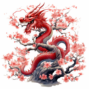 Chinese zodiac dragon with plum blossom. watercolor illustration.
