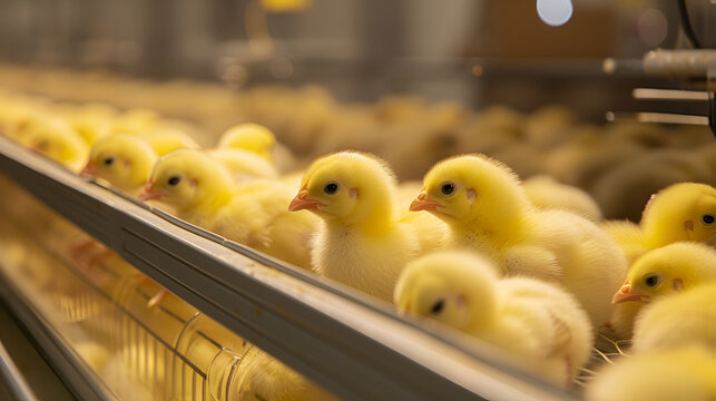 Rows of fluffy chicks at a poultry farm, a glimpse into agricultural life