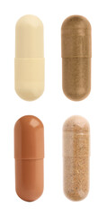 Vitamin. Many different pills isolated on white, set