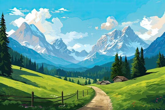 alm landscape in summer illustration