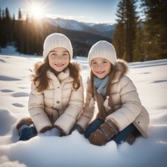 AI generated illustration of children wearing coats standing in front of a snow-covered landscape