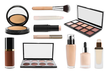 Face powder, concealers, contouring palettes, liquid foundations and brush isolated on white....