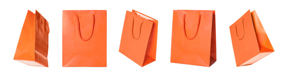 Orange shopping bag isolated on white, different sides