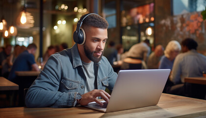 Man Using Laptop Computer Wearing Earphones