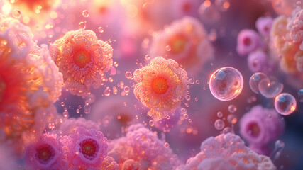 Microscopic view of viruses, cell regeneration and recovery research, microbiology concept
