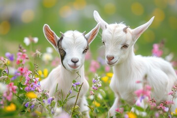 Baby goats playing in field.