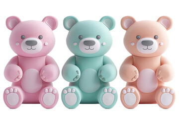A trio of glossy, stylized teddy bears in pastel colors, presented on a black background.