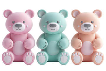 Obraz premium A trio of glossy, stylized teddy bears in pastel colors, presented on a black background.