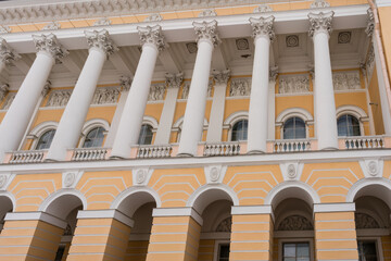 St. Petersburg, Russia, February 4, 2024. Fragment of the colonnade of the Mikhailovsky Palace.