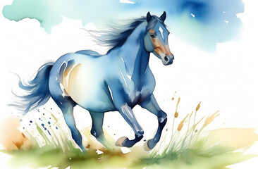 Obraz na płótnie Canvas a black horse gallops in the field. watercolor style