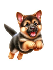 Jumping playful puppy German Shepherd dog. Cute watercolor illustration