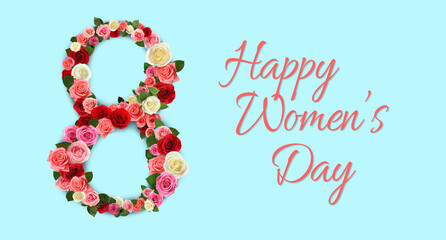 Obraz na płótnie Canvas Happy Women's Day greeting card design with number 8 of beautiful flowers on light blue background