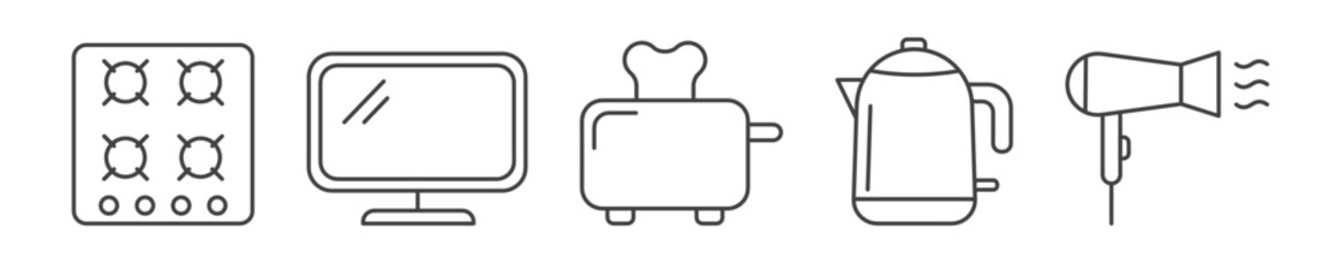 set of household appliances ana devices icons with editable stroke. simple line icons such as hair dryer, kettle, toaster, mixer, meat grinder