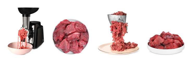 Mincing beef with meat grinders on white background, collage