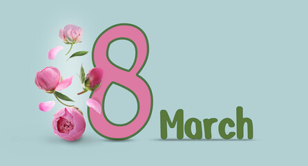 March 8 - International Women's Day. Greeting card design with beautiful flowers on light blue background