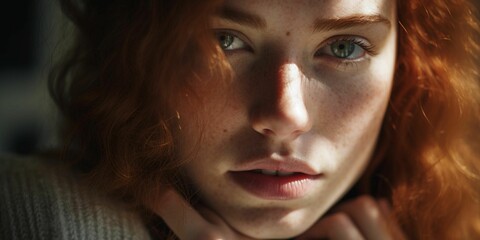 An AI illustration of a red - haired woman looking towards the camera with the sunlight shining thro