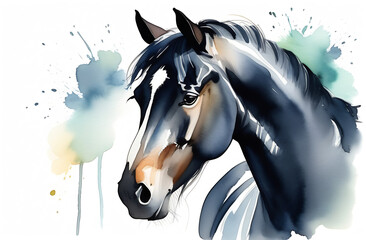 close-up portrait of a black horse in watercolor style