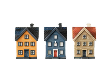 Three cartoon houses in orange, blue, and beige, with detailed textures and roofs, against a black background.