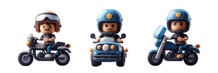 Three cartoon characters on motorcycles, including a police officer, a delivery person, and a civilian rider.