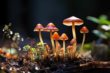 AI generated illustration of mushrooms and grass lit by the warm light of sunset in a wooded area