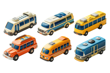 A set of six colorful, stylized buses and vans in various designs on a black background.