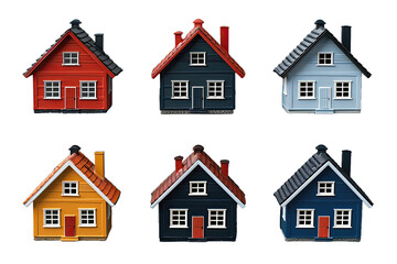 Fototapeta premium Six stylized houses with various roof colors and designs on a black background.