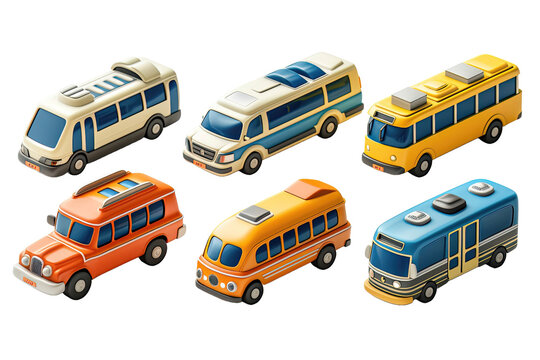 A set of six colorful, stylized buses and vans in various designs on a black background.