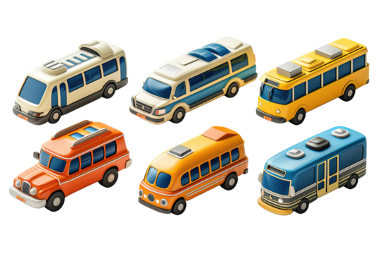A set of six colorful, stylized buses and vans in various designs on a black background.