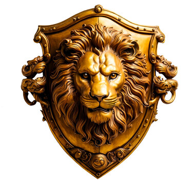 Ornate gold shield with a lion's head, isolated on transparent background