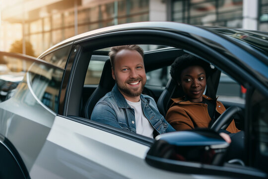 Happy couple inside a car looking at the camera