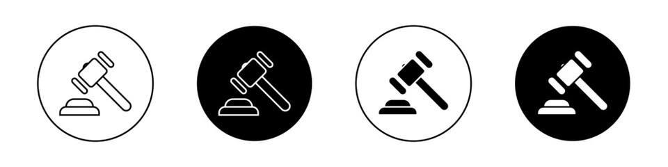 Law Icon Set. Law gavel judge hammer vector symbol in a black filled and outlined style. Justice Delivered Sign. - obrazy, fototapety, plakaty