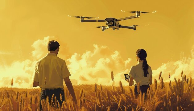 AI-Enhanced Crop Monitoring, AI-enhanced crop monitoring in precision agriculture with an image showing farmers using drones equipped with sensors and cameras to collect data on crop health and growth