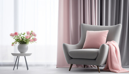 Elegant Interior with Comfortable Grey Armchair and Soft Pink Accents