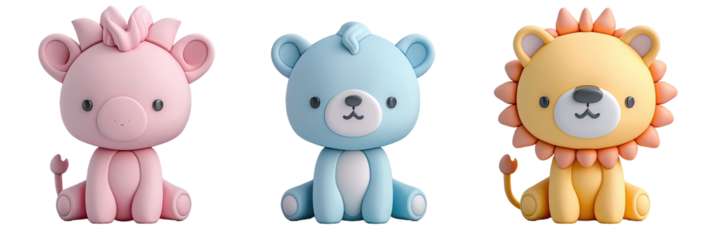 Cute cartoon animal figures: pink pig, blue bear, and yellow lion.