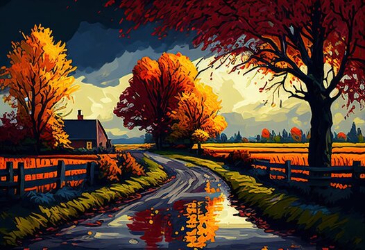 AI generated illustration of an oil painting depicting a tranquil autumnal landscape