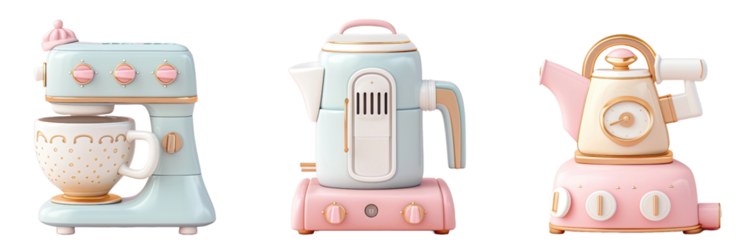 Pastel-colored kitchen appliance set: mixer, coffee maker, and kettle.