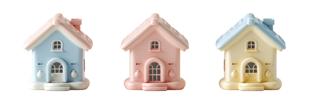 Three cartoon-style houses in pastel blue, pink, and yellow colors. - Powered by Adobe