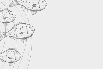 Fish dorado sketch background hand drawn vector illustration. Seafood design frame card with engraved fish underwater and waves, marine motive for summer, seaside resort, food menu, poster, label, log - obrazy, fototapety, plakaty