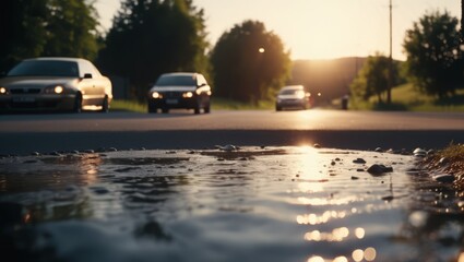 Cars are driving on a road at sunset. A puddle is visible in the foreground.