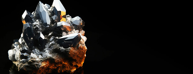 Aheylite is a rare precious natural stone on a black background. AI generated. Header banner mockup with space.