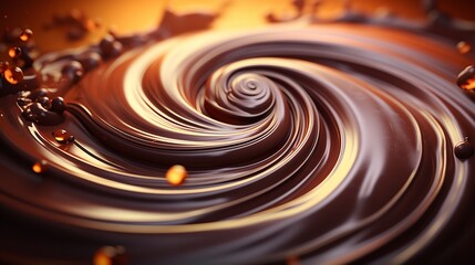An enlarged view of a twirling, melted dark chocolate texture backdrop and big copy space, Generative AI.
