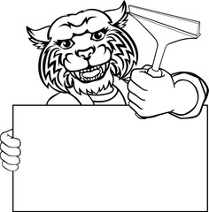 A wildcat window cleaner or car wash cleaning cartoon mascot man holding a squeegee washing tool