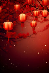 Obraz premium Chinese New Year background with red lanterns and cherry blossom.
