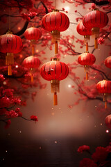 Obraz premium Chinese New Year lanterns and cherry blossom on dark background.