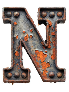 Letter N made of rusty metal in grunge style isolated on the white background.