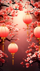 Fototapeta na wymiar Happy Chinese New Year . Cherry blossom background with lanterns.