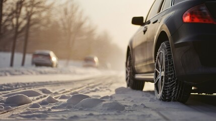 Snow Blizzard Tips for Cars with Winter Wheels and Tires. Generative AI. - obrazy, fototapety, plakaty