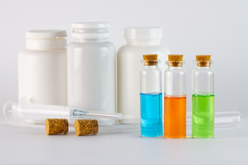 Laboratory test tubes on white background, science and medical concept.