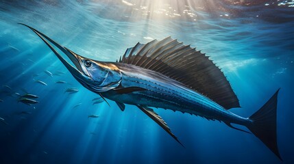 AI generated illustration of a sailfish swimming underwater with its dorsal fin visible - obrazy, fototapety, plakaty