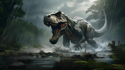 AI generated illustration of a Tyrannosaurus Rex walking through a lush, tropical jungle in the rain